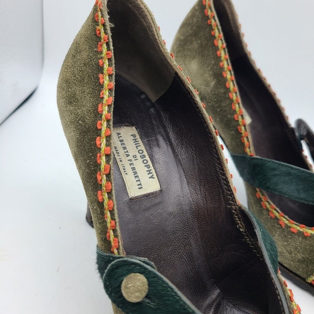 Philosophy Alberta Ferretti Designer heels pumps green red calf hair sz 8.5 39 - Picture 6 of 11